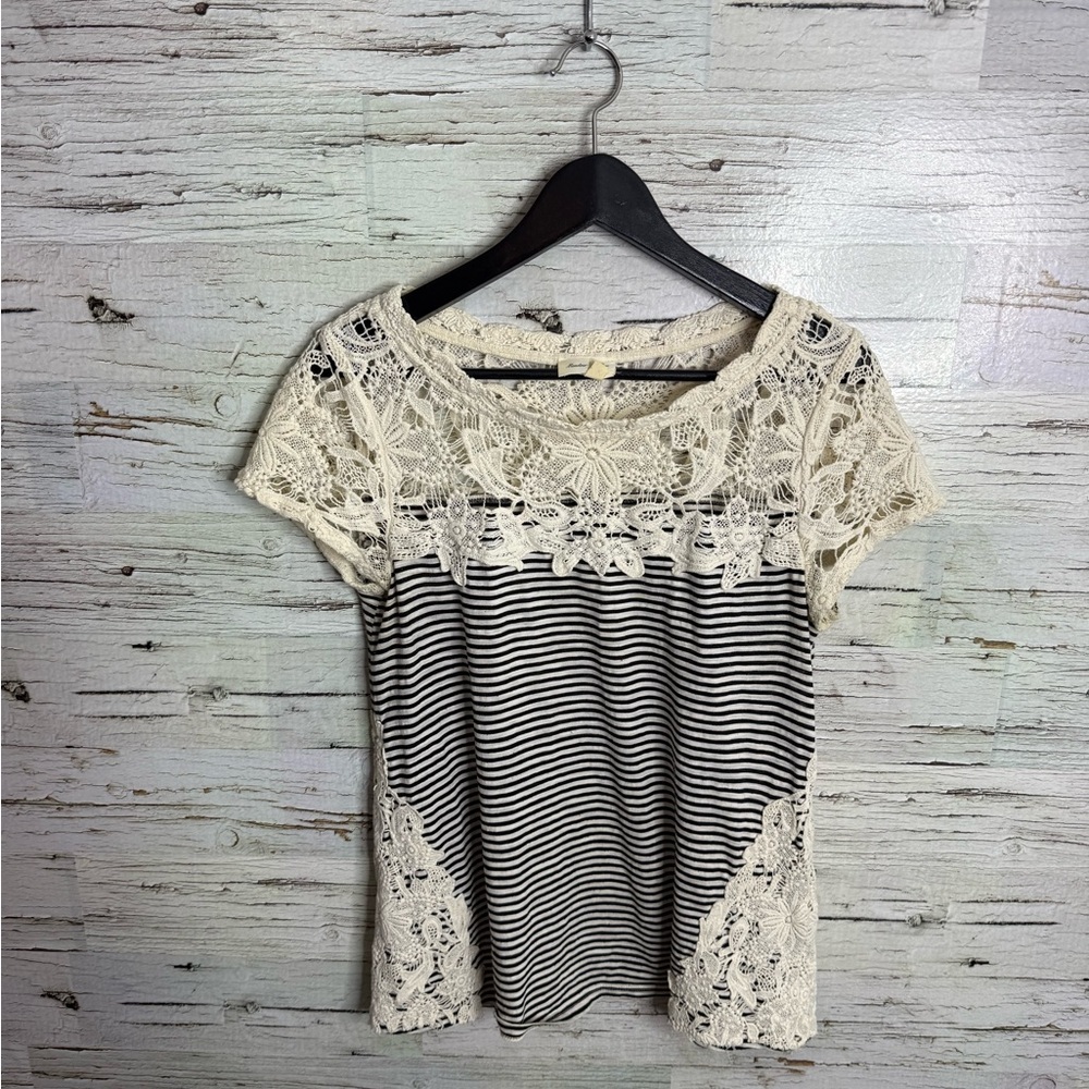 Anthropologie Striped Tee with Cream Lace Insets